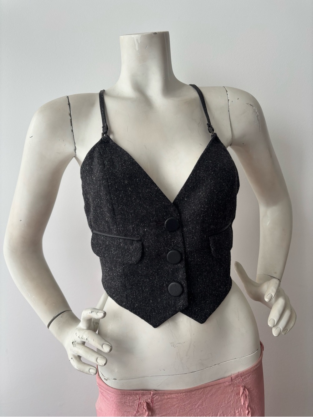 Marciano Black Tweed Button-Front Crop Vest